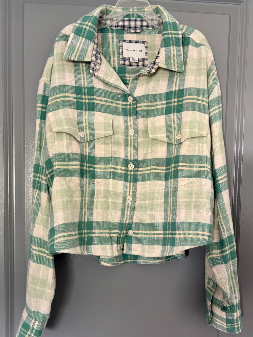 American Eagle Size Small Green Plaid Long Sleeve Top - Picture 2 of 5